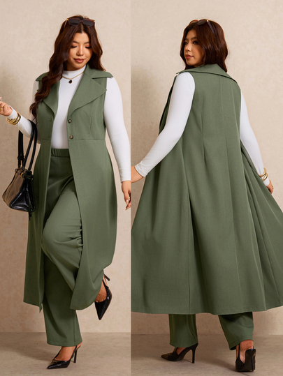 Elaquor Plus Size Women's Outstanding Long Coat And Long Casual Commuter Blazer Suit Set Elegant Office Business Work Suit Green Sets For Women Fall/Winter