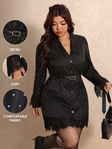 Elaquor Plus Polka Dot Print Contrast Lace Flare Sleeve Blazer Dress Without Belt Elegant Office Business Work Black Suit For Women Fall/Winter Lace Blazer - Black and White - View 8