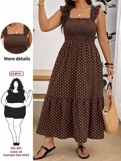 SHEIN CURVE+ Plus Size Women's Plaid Pleated Casual Traditional Boho 1960s Party Vacation Formal Dress Summer Picnic Elegant Brunch Vintage Zanea Brown