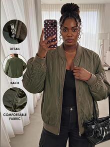 SHEIN CURVE+ Plus Size Women's New Fashion Business Casual Long Sleeve Jacket, Suitable For Commuting, Green Flight Jacket Fall - Green - View 6