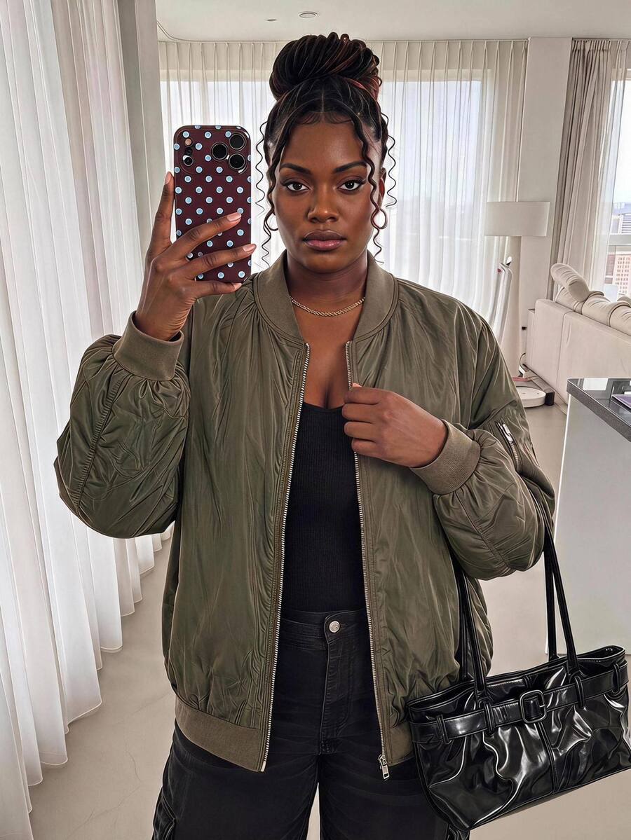 SHEIN CURVE+ Plus Size Women's New Fashion Business Casual Long Sleeve Jacket, Suitable For Commuting, Green Flight Jacket Fall