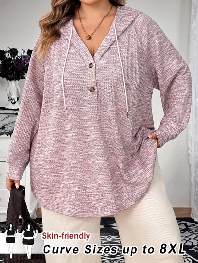 SHEIN CURVE+ סווטשירט רחב לנשים במידה גדולה עם קפוצ'ון, שרוך, כפתורים, סריגת וופל, רחב ויומיומי, לסתיו/חורף