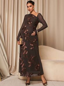 MaterniChic Maternity Jacquard Casual Party Dress - Coffee Brown - View 3