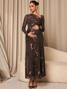 MaterniChic Maternity Jacquard Casual Party Dress - Coffee Brown - View 6