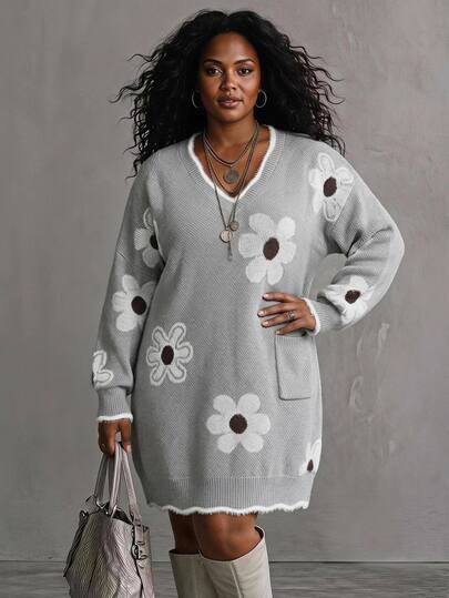 SHEIN CURVE+ Vestido de suéter de punto con flores 3D para mujer talla grande, conjunto de otoño, vestido de otoño, vestido de punto de invierno/otoño invierno