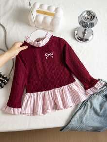 SHEIN 藍色女童T恤 小新娘 海灘 秋季 仙女 牛仔女郎 - 酒紅色 - 查看 1
