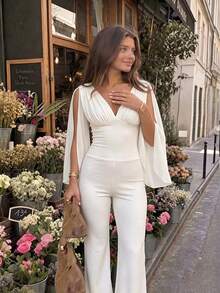 Selianne Women's V-Neck Ruched Casual Everyday Jumpsuit - Apricot - View 6