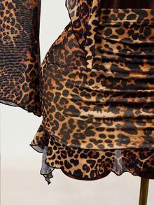 Zolique Y2k Sexy Retro Cheetah Print With Flared Sleeves, Bodycon Mini Two-Piece Set,Vacation Outfits Women Club Party Night Beige Autumn - Brown - View 8