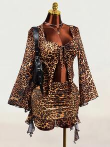 Zolique Y2k Sexy Retro Cheetah Print With Flared Sleeves, Bodycon Mini Two-Piece Set,Vacation Outfits Women Club Party Night Beige Autumn - Brown - View 7