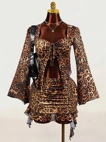 Zolique Y2k Sexy Retro Cheetah Print With Flared Sleeves, Bodycon Mini Two-Piece Set,Vacation Outfits Women Club Party Night Beige Autumn - Brown - View 9