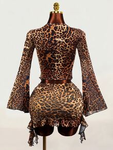 Zolique Y2k Sexy Retro Cheetah Print With Flared Sleeves, Bodycon Mini Two-Piece Set,Vacation Outfits Women Club Party Night Beige Autumn - Brown - View 4
