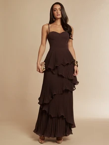 Silquee Chiffon Fabric Cake Hem Slit Sexy Elegant Spaghetti Strap Dress For Women - Coffee - View 4