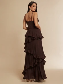 Silquee Chiffon Fabric Cake Hem Slit Sexy Elegant Spaghetti Strap Dress For Women - Coffee - View 3