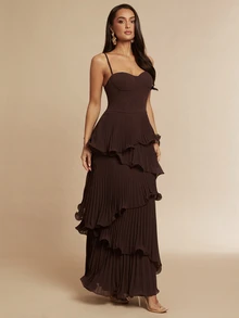 Silquee Chiffon Fabric Cake Hem Slit Sexy Elegant Spaghetti Strap Dress For Women - Coffee - View 6