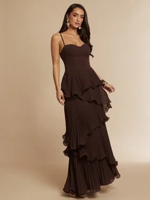 Silquee Chiffon Fabric Cake Hem Slit Sexy Elegant Spaghetti Strap Dress For Women - Coffee - View 5