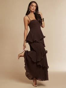 Silquee Chiffon Fabric Cake Hem Slit Sexy Elegant Spaghetti Strap Dress For Women - Coffee - View 7