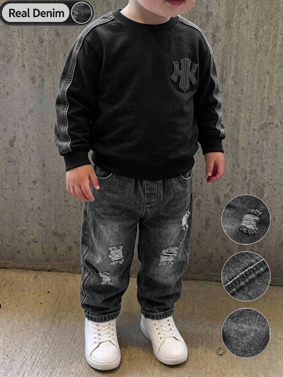 2件組幼兒男童牛仔拼接刺繡衛衣與破洞牛仔褲,彈性腰褲,秋季休閒童裝套裝 - 黑色 - 查看 1