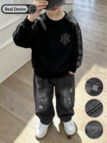 2件組幼兒男童牛仔拼接刺繡衛衣與破洞牛仔褲，彈性腰褲，秋季休閒童裝套裝 - 黑色 - 查看 4