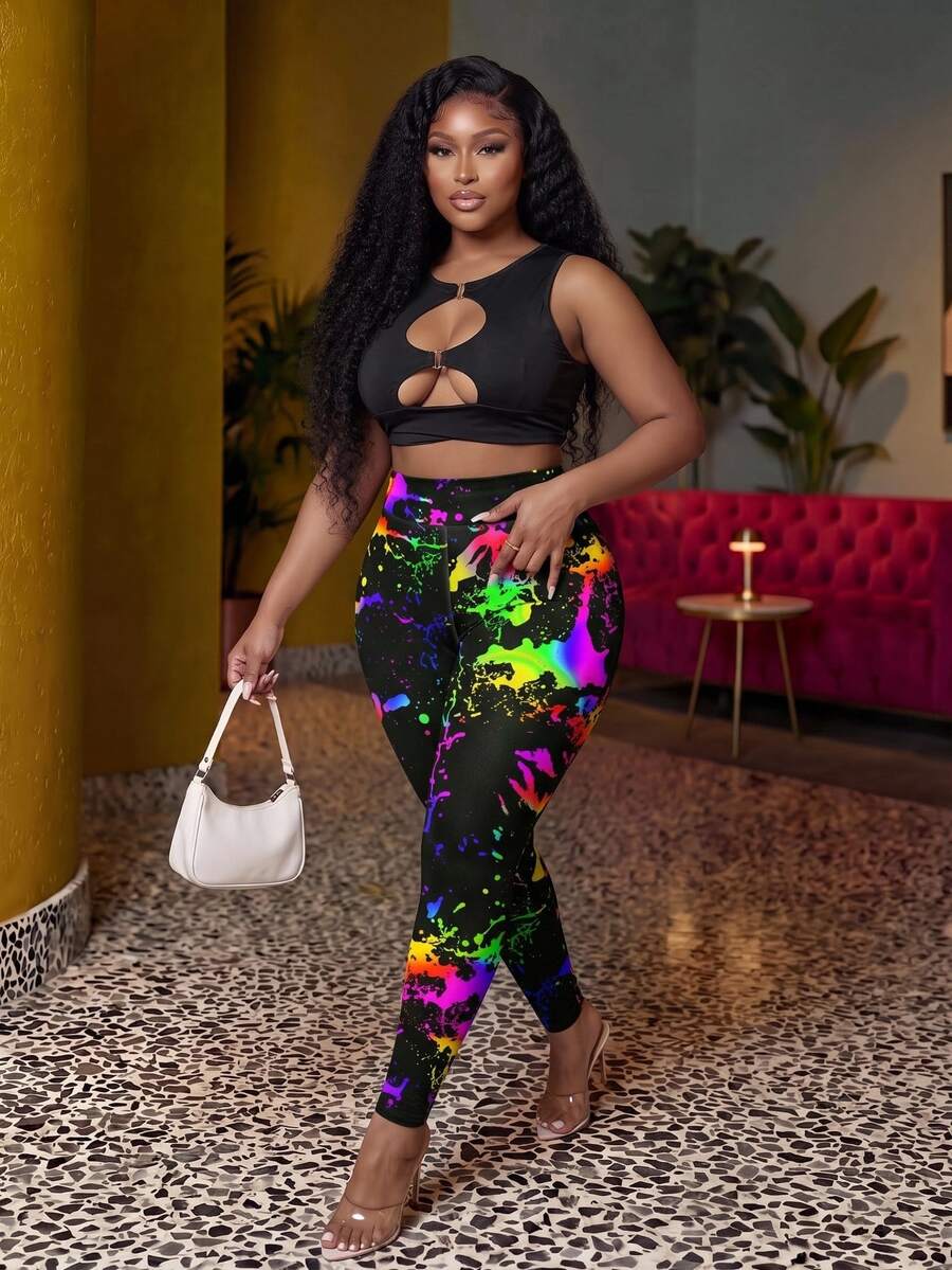 Veslaya Plus Size Women Splatter Print Leggings, Suitable For Party
