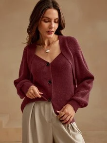 Anewsta 女士纯色简约都市时尚特殊肩部设计针织开衫，适合秋季、冬季、外出、优雅、休闲、正式、派对、时尚、新年、圣诞节、工作、毕业、婚礼 - 酒紅色 - 查看 7