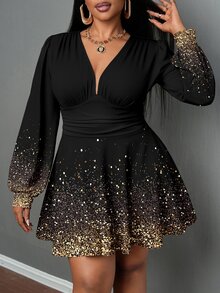 Veslaya Elegant Gold Gradient Sequin Plus Size Dress, Suitable For New Year Party/Christmas Dress - Multicolor - View 3
