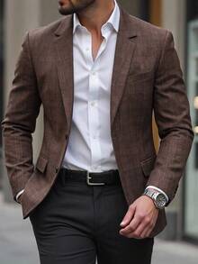 Manfinity Mode Men's Fall Tartan Jacquard Lapel Neck Single-Breasted Suit Blazer, Prom Tuxedo For Ceremony Business Prenup Shoot Formal Casual Streetwear Wedding - Brown - View 1