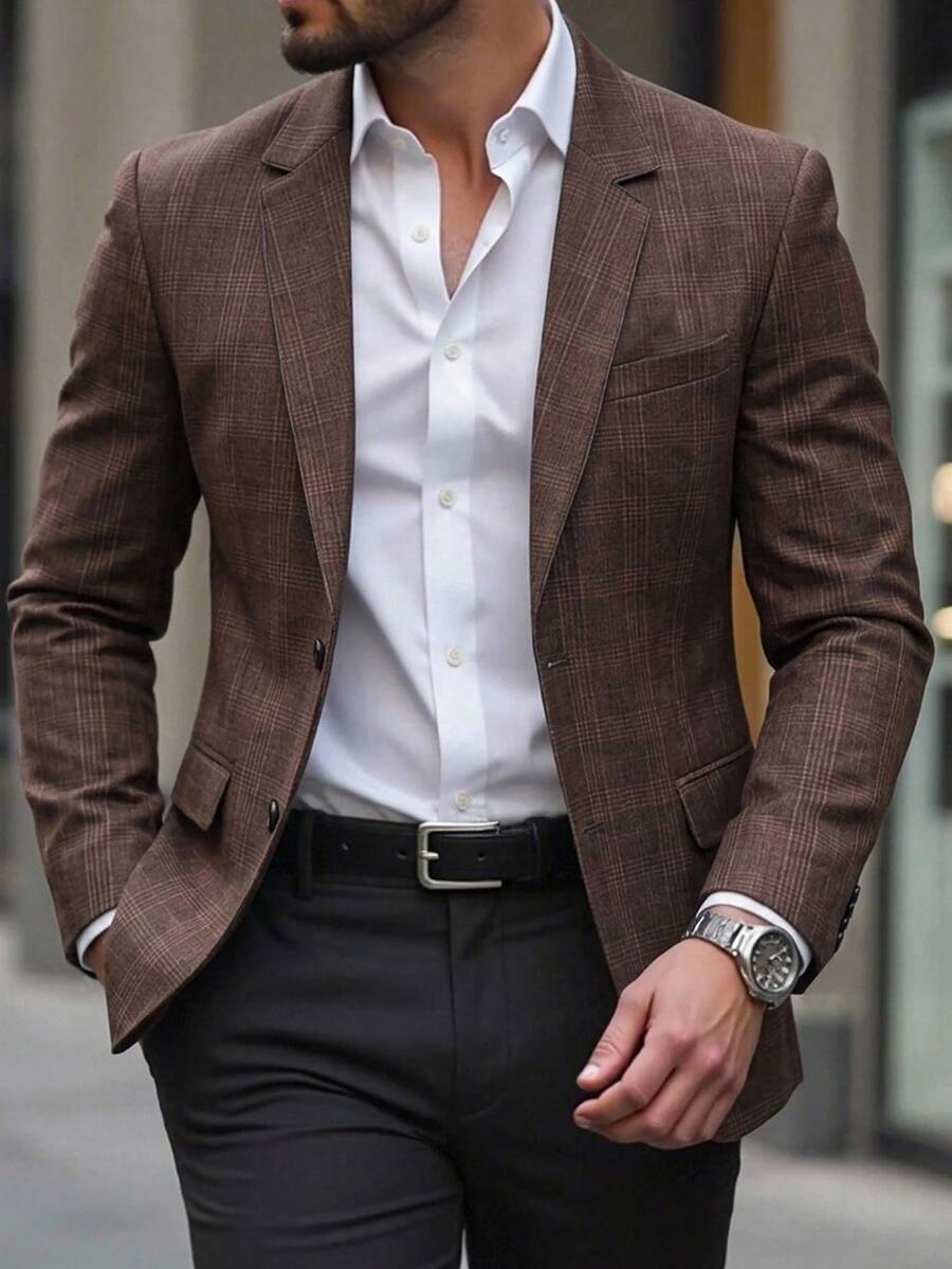Manfinity Mode Men's Fall Tartan Jacquard Lapel Neck Single-Breasted Suit Blazer, Prom Tuxedo For Ceremony Business Prenup Shoot Formal Casual Streetwear Wedding - Brown - View 1