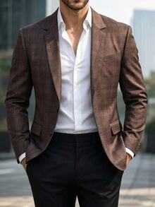 Manfinity Mode Men's Fall Tartan Jacquard Lapel Neck Single-Breasted Suit Blazer, Prom Tuxedo For Ceremony Business Prenup Shoot Formal Casual Streetwear Wedding - Brown - View 4