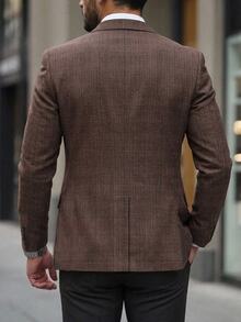 Manfinity Mode Men's Fall Tartan Jacquard Lapel Neck Single-Breasted Suit Blazer, Prom Tuxedo For Ceremony Business Prenup Shoot Formal Casual Streetwear Wedding - Brown - View 2