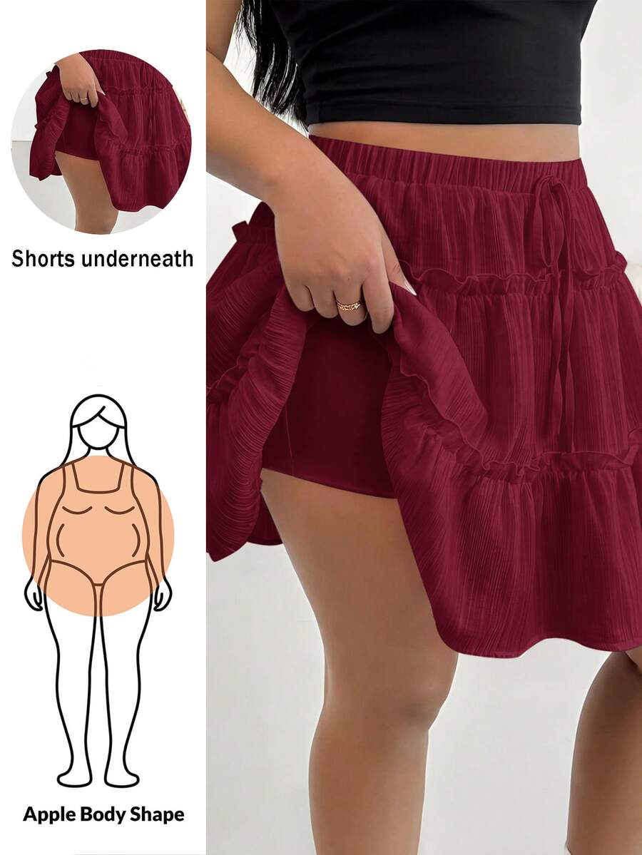Shapeblank Plus Size Casual White Textured Elastic Waist Skort Summer Going Out Tennis Skirt Fall - Burgundy - View 1