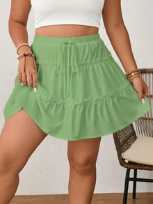 Shapeblank Plus Size Women Anti-Flashing Double-Layer Sage Green Skort Vacation Autumn Boho Cute Vacation Fall Vacation - Green - View 5