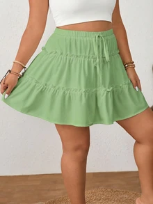 Shapeblank Plus Size Women Anti-Flashing Double-Layer Sage Green Skort Vacation Autumn Boho Cute Vacation Fall Vacation - Green - View 7