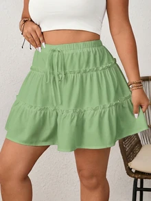 Shapeblank Plus Size Women Anti-Flashing Double-Layer Sage Green Skort Vacation Autumn Boho Cute Vacation Fall Vacation - Green - View 8