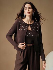 Anewsta 2026 New Autumn/Winter Elegant Elegant Heavy Beaded Strapless Cardigan Knit 2 Pieces Set - Coffee Brown - View 4
