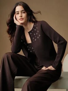 Anewsta 2026 New Autumn/Winter Elegant Elegant Heavy Beaded Strapless Cardigan Knit 2 Pieces Set - Coffee Brown - View 3