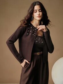 Anewsta 2026 New Autumn/Winter Elegant Elegant Heavy Beaded Strapless Cardigan Knit 2 Pieces Set - Coffee Brown - View 6