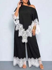 SOLERSUN Plus Size French Style Asymmetric Hem Asymmetrical Shoulder Top And Lace Patchwork Loose Long Pants 2 Pieces Set Fall - Black - View 3