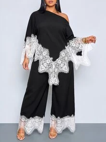 SOLERSUN Plus Size French Style Asymmetric Hem Asymmetrical Shoulder Top And Lace Patchwork Loose Long Pants 2 Pieces Set Fall - Black - View 2