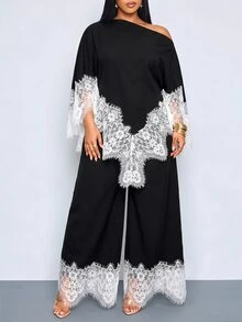 SOLERSUN Plus Size French Style Asymmetric Hem Asymmetrical Shoulder Top And Lace Patchwork Loose Long Pants 2 Pieces Set Fall - Black - View 7