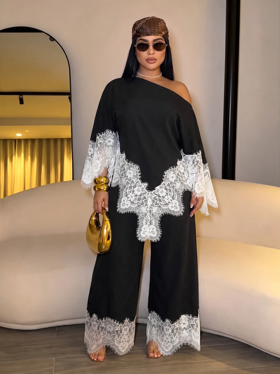 SOLERSUN Plus Size French Style Asymmetric Hem Asymmetrical Shoulder Top And Lace Patchwork Loose Long Pants 2 Pieces Set Fall - Black - View 1