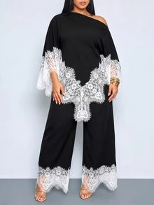 SOLERSUN Plus Size French Style Asymmetric Hem Asymmetrical Shoulder Top And Lace Patchwork Loose Long Pants 2 Pieces Set Fall - Black - View 6