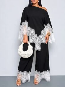 SOLERSUN Plus Size French Style Asymmetric Hem Asymmetrical Shoulder Top And Lace Patchwork Loose Long Pants 2 Pieces Set Fall - Black - View 5