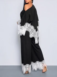 SOLERSUN Plus Size French Style Asymmetric Hem Asymmetrical Shoulder Top And Lace Patchwork Loose Long Pants 2 Pieces Set Fall - Black - View 4