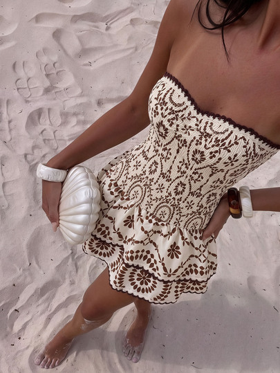 Swim Vcay Bohemian Print Sweet Elegant Design Waist-Cinched Slimming Ruffle Hem Tube Dress