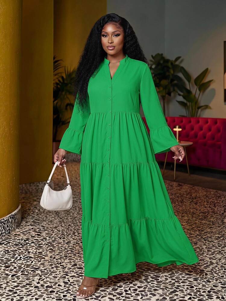Veslaya Slayr Plus Size Vacation Casual Formal Evening Dinner Boho Elegant Loose A-Line Woven Shirt Dress For Women Brunch Carribean Sage Green Autumn Fall - Green - View 1