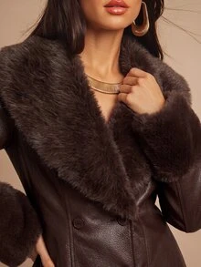 Silquee 女款時尚街頭風 PU 人造毛領鈕扣夾克外套 - 黑色 - 查看 11