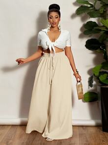 Veslaya Plus Size Women High Waist Wide Leg Palazzo Pants Fall - Apricot - View 5
