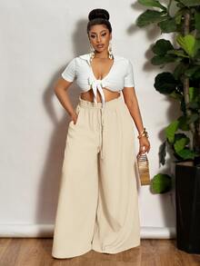 Veslaya Plus Size Women High Waist Wide Leg Palazzo Pants Fall - Apricot - View 3