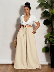 Veslaya Plus Size Women High Waist Wide Leg Palazzo Pants Fall - Apricot - View 4