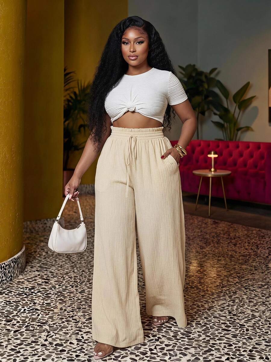 Veslaya Plus Size Women High Waist Wide Leg Palazzo Pants Fall - Apricot - View 1
